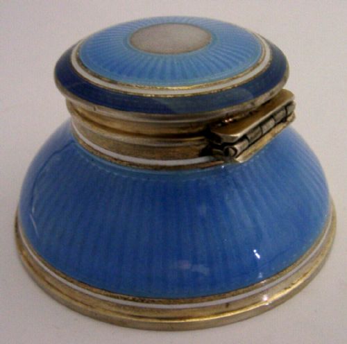 Stunning Antique Sterling Silver Blue Enamel Inkwell C1920 Art Deco