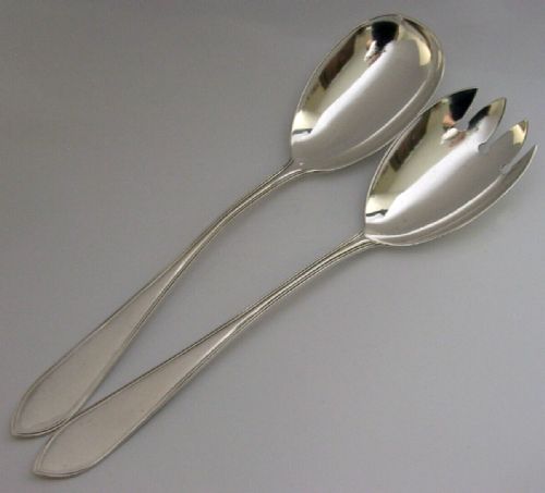 Pair of Edwardian Chester Solid Sterling Silver Salad Servers 1908 Antique 126g