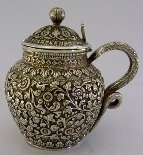 Stunning Large 152g Indian Solid Silver Snake Handle Mustard Pot C1880 Kutch