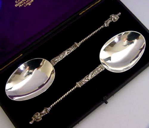 Stunning Pair of Sterling Silver Religious Serving Spoons 1893 Antique Cased Victorian