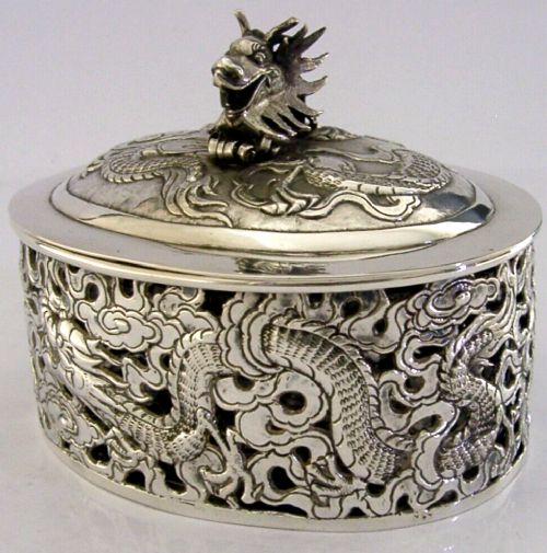 BEAUTIFUL HEAVY CHINESE EXPORT SILVER DRAGON BOWL DISH c1890 ANTIQUE 292g