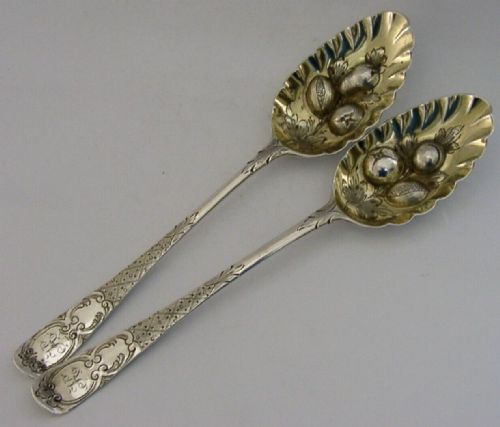 English Pair of Antique Sterling Silver Berry Serving Spoons 1774 Georgian