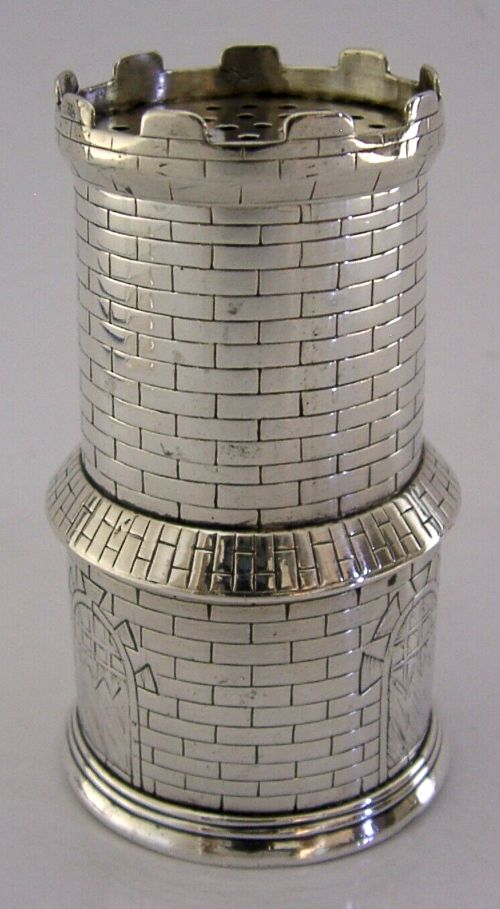 RARE SOLID SILVER CASTLE TOWER POUNCE POT c1880 ANTIQUE 84g VICTORIAN NOVELTY