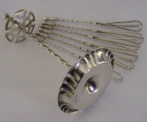 German Art Deco 800 Solid Silver Cocktail Swizzle Stick Mixer Set Barware