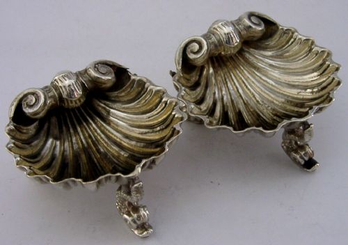 Pair of Victorian Solid Sterling Silver Dolphin & Shell Salt Cellars 1864 Antique 68g