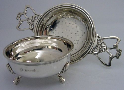 English Sterling Silver Tea Strainer and Drip Bowl Stand 1940 Art Deco