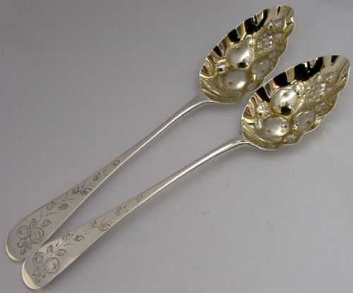 Rare Pair of Newcastle Antique Sterling Silver Berry Serving Spoons 1812 Georgian 122g