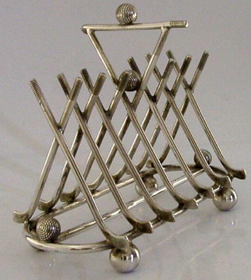 ENGLISH ANTIQUE GOLF GOLFING SILVER PLATED TOAST RACK c1900 310g SPORTING