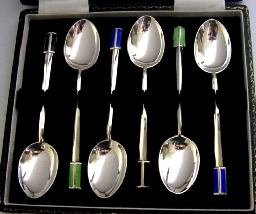 Beautiful Cased Set of Six Sterling Silver Enamel Spoons 1940 Art Deco