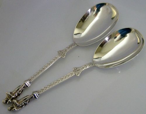 Pair of Heavy 132g Victorian English Sterling Silver Apostle Serving Spoons 1895 Antique