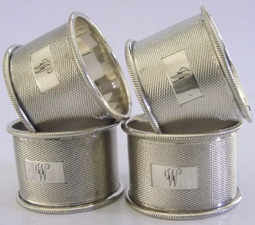 Set of Four English Sterling Silver Engine Turned Napkin Rings 1959 94g