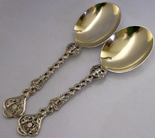 Pair of Heavy 145g Victorian English Serving Spoons Solid Sterling Silver 1894