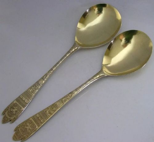 Rare Pair of 1763 Sterling Silver Gilt Serving Spoons Georgian 105g Antique