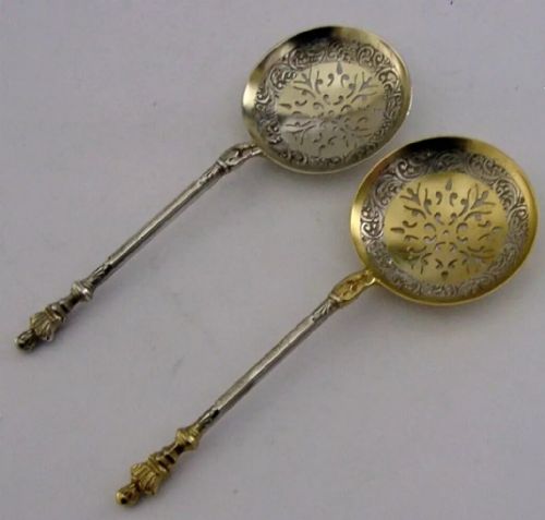 Rare Pair Sterling Silver Sugar Sifter Spoons Shakespeare Stratford Antique 1891