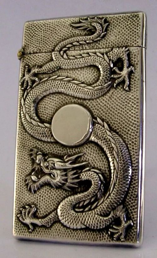 RARE CHINESE EXPORT STERLING SILVER DRAGON CARD CASE c1900 ANTIQUE WANG HING