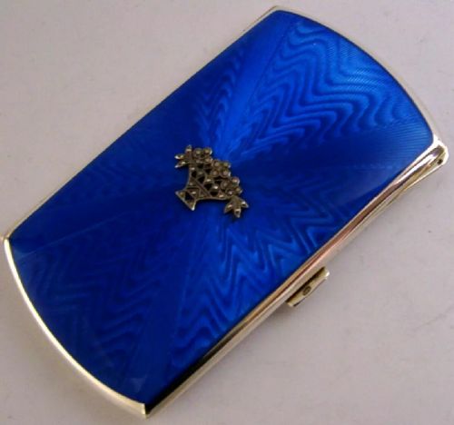 Rare Sterling Silver Blue Enamel Marcasite Cigarette Case 1926 Art Deco