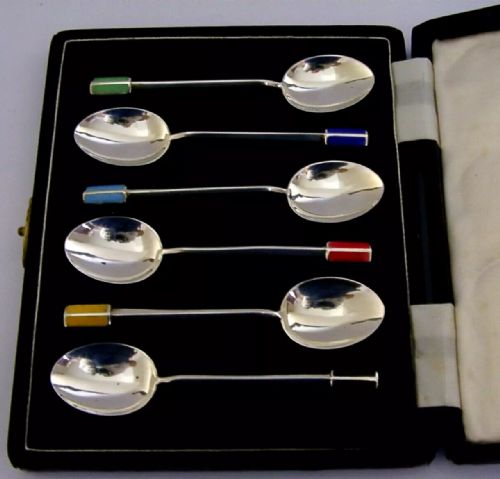 Beautiful Cased Set of Six Sterling Silver Enamel Spoons 1954 Art Deco