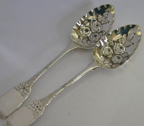 Pair of English Solid Sterling Silver Rose Berry Serving Spoons 1828 Georgian Antique