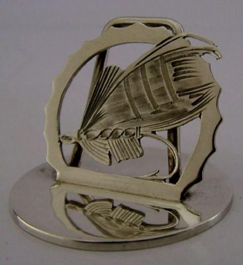 RARE ENGLISH STERLING SILVER FLY FISHING MENU HOLDER 1930 ANTIQUE