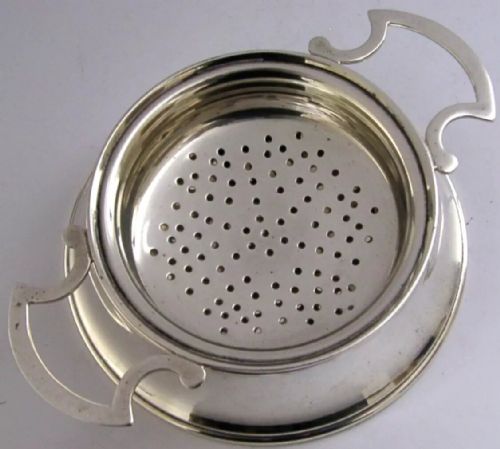 Large English Sterling Silver Tea Strainer and Drip Bowl Stand 1946 113g