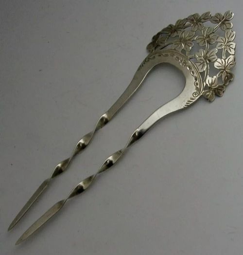 PRETTY ENGLISH STERLING SILVER ART NOUVEAU SHAMROCK HAIR SLIDE COMB 1906 ANTIQUE SHAMROCK