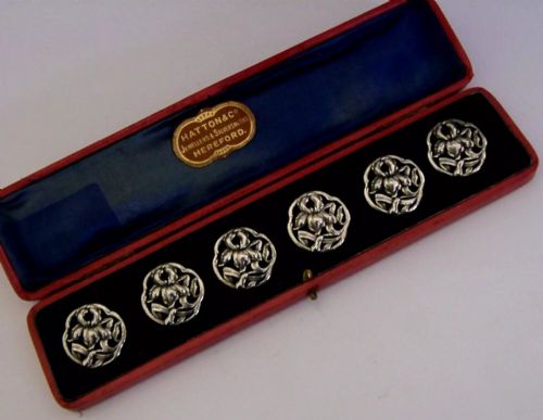 Six Sterling Silver Art Nouveau Iris Buttons Cased 1902 Antique Cased