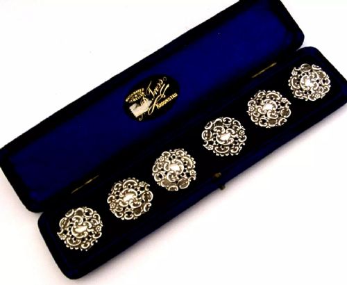 Large English Set of Six Sterling Silver Buttons 1901 Antique Cased
