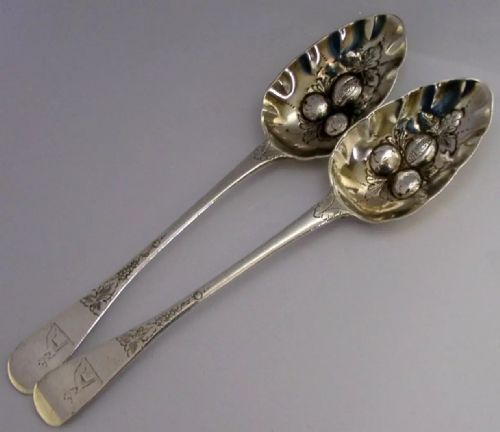 Pair of English Sterling Silver Proctor Family Crested Berry Serving Spoons 1820