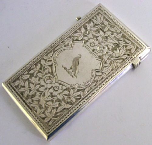 English Antique Sterling Silver Bell Family Crested Card Case 1880 Victorian