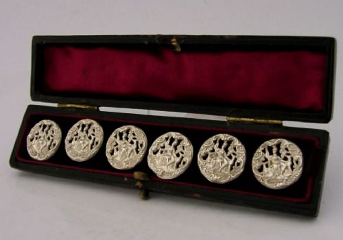 Six Sterling Silver Buttons Dianna Artemis Hunting Goddess Cased 1902 Antique