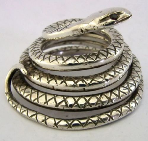 Superb 84g Solid Silver Snake Paper Weight C1940 Antique Animal Serpent Gem Eyes