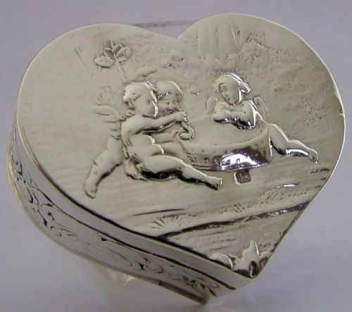 Beautiful Sterling Silver Love Heart Box Cherubs Fishing 1899 Antique Hanau