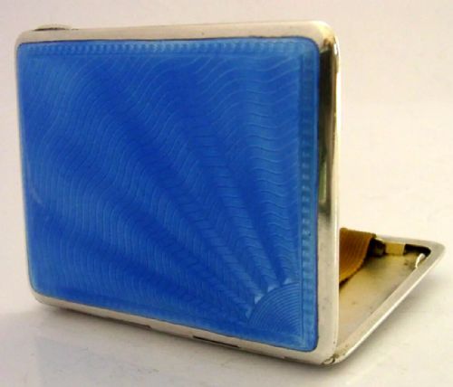 English Sterling Silver Blue Enamel Cigarette Case 1933 Antique Art Deco