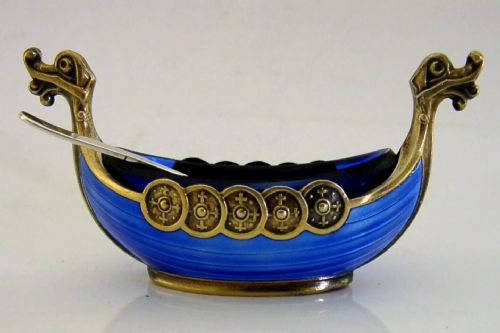 Norway Sterling Silver Gilt Blue Enamel Viking Boat Salt Cellar C1940