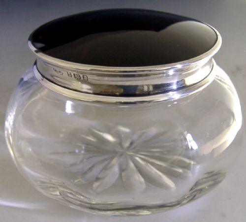 sterling silver cut glass faux tortoiseshell pot jar 1925 art deco - CATEGORY: ANTIQUE GLASS - DATED 1920