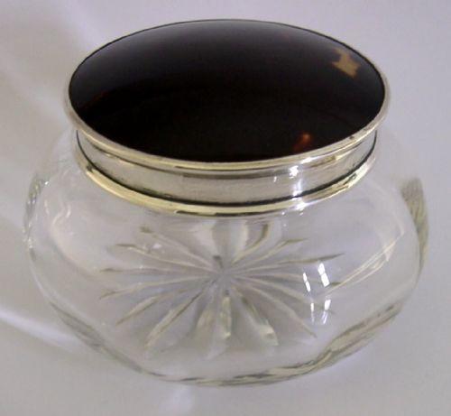 STERLING SILVER CUT GLASS FAUX TORTOISESHELL POT JAR 1925 ART DECO - ADDITIONAL PHOTO 1