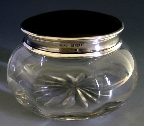 STERLING SILVER CUT GLASS FAUX TORTOISESHELL POT JAR 1925 ART DECO - ADDITIONAL PHOTO 3