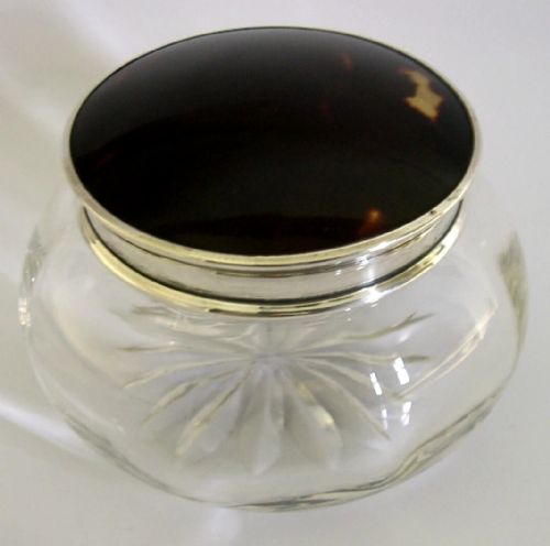 STERLING SILVER CUT GLASS FAUX TORTOISESHELL POT JAR 1925 ART DECO - ADDITIONAL PHOTO 5