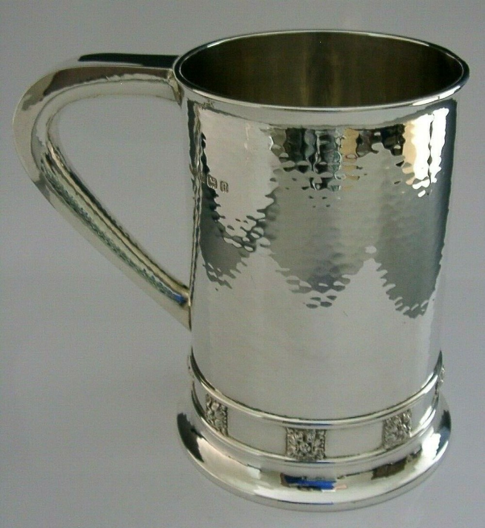 SUPERB RARE SOLID STERLING SILVER ARTS AND CRAFTS PINT TANKARD A E JONES 342g
