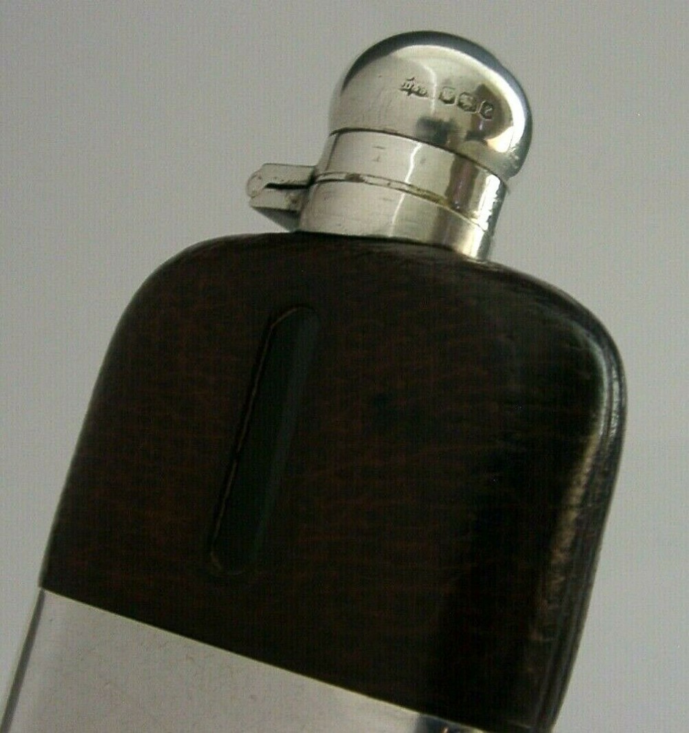 ENGLISH STERLING SILVER ART DECO HIP SPIRIT FLASK 1924 HUNTING SHOOTING