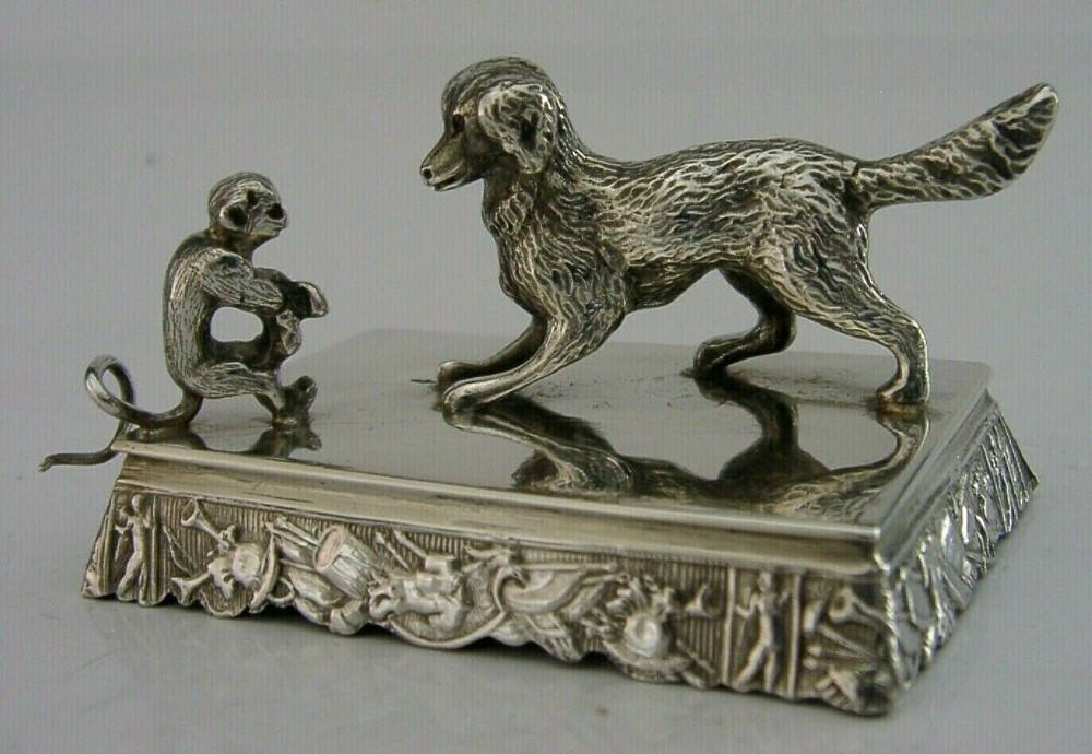 RARE DUTCH SOLID SILVER MINIATURE DOG & MONKEY DIORAMA MINIATURE c1890 ANTIQUE