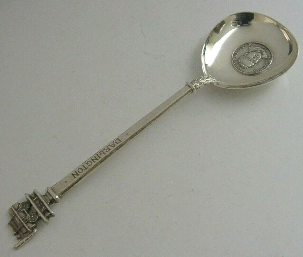RARE SOLID STERLING SILVER GEORGE STEPHENSON SOUVENIR CADDY SPOON 1918 ANTIQUE
