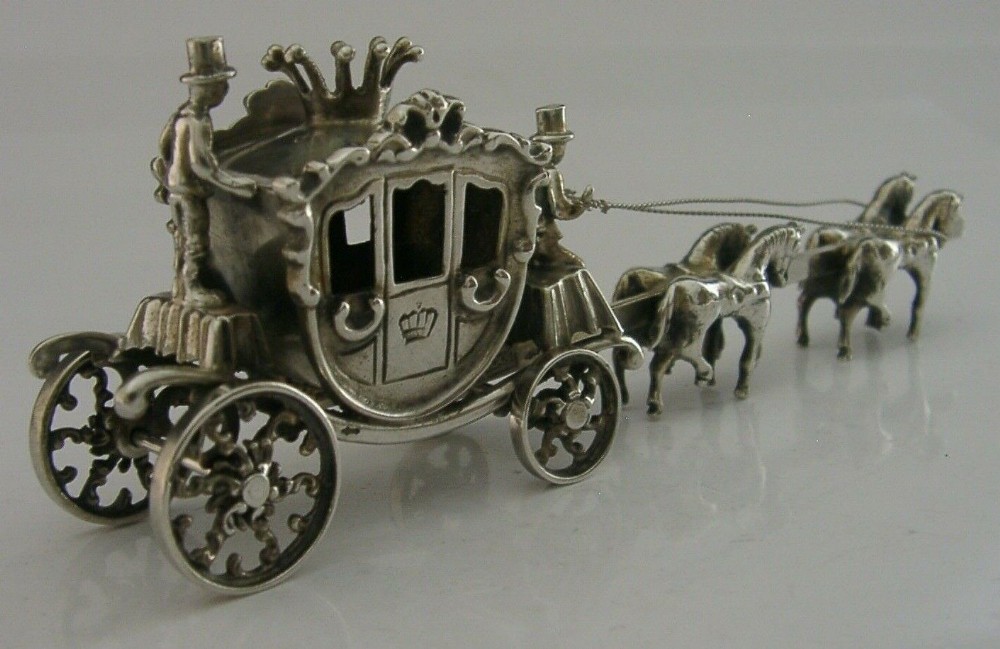 RARE DUTCH SOLID SILVER LARGE MINIATURE HORSES & CARRIAGE c1950's 5 inch 67g