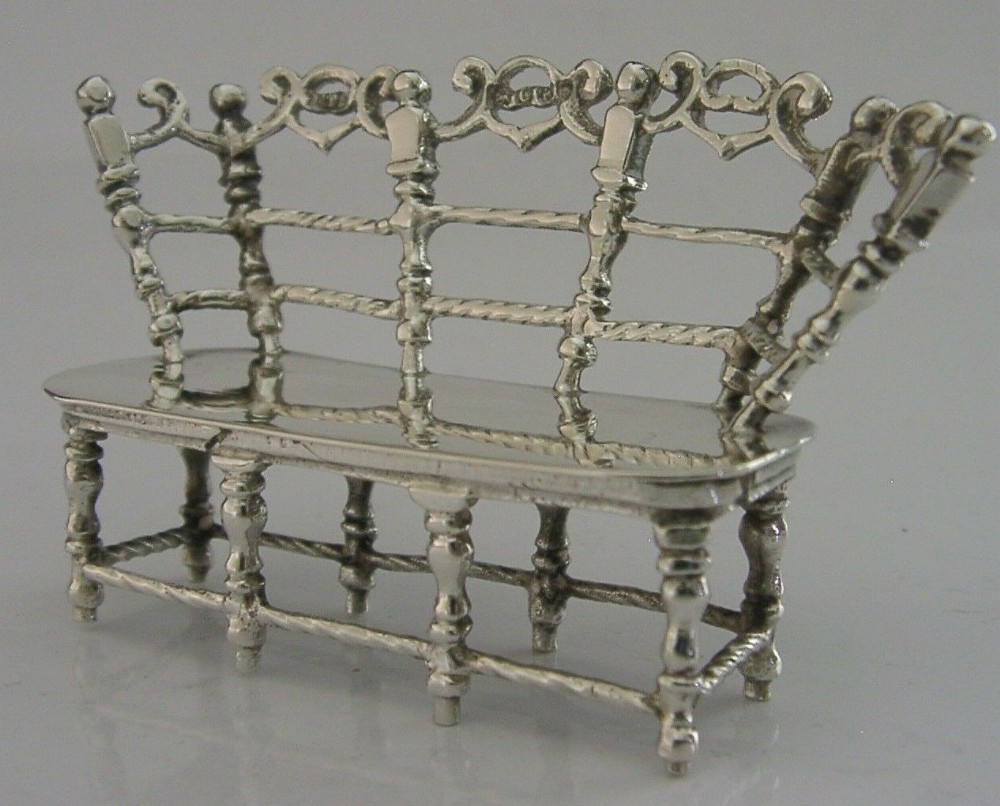 GOOD SIZED STERLING SILVER MINIATURE DOLLS HOUSE BENCH SEAT 1898 ANTIQUE RARE