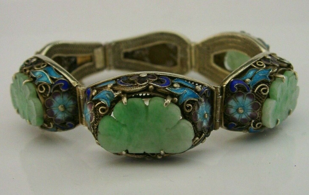 SUPERB CHINESE SOLID SILVER GILT ENAMEL AND JADE BRACELET c1920 ANTIQUE