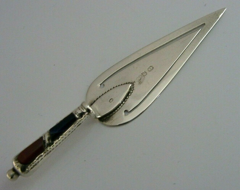 NOVELTY ENGLISH SOLID STERLING SILVER AGATE TROWEL BOOKMARK 1896 ANTIQUE