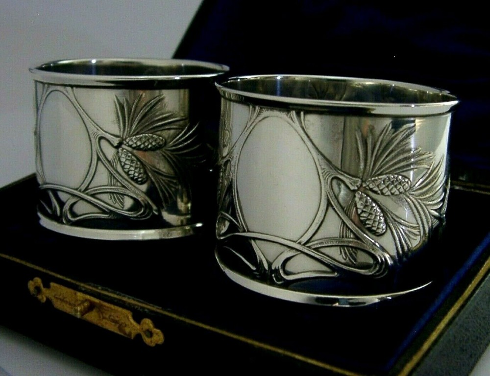 STUNNING ENGLISH STERLING SILVER ART NOUVEAU PINE CONE NAPKIN RINGS 1907 CASED