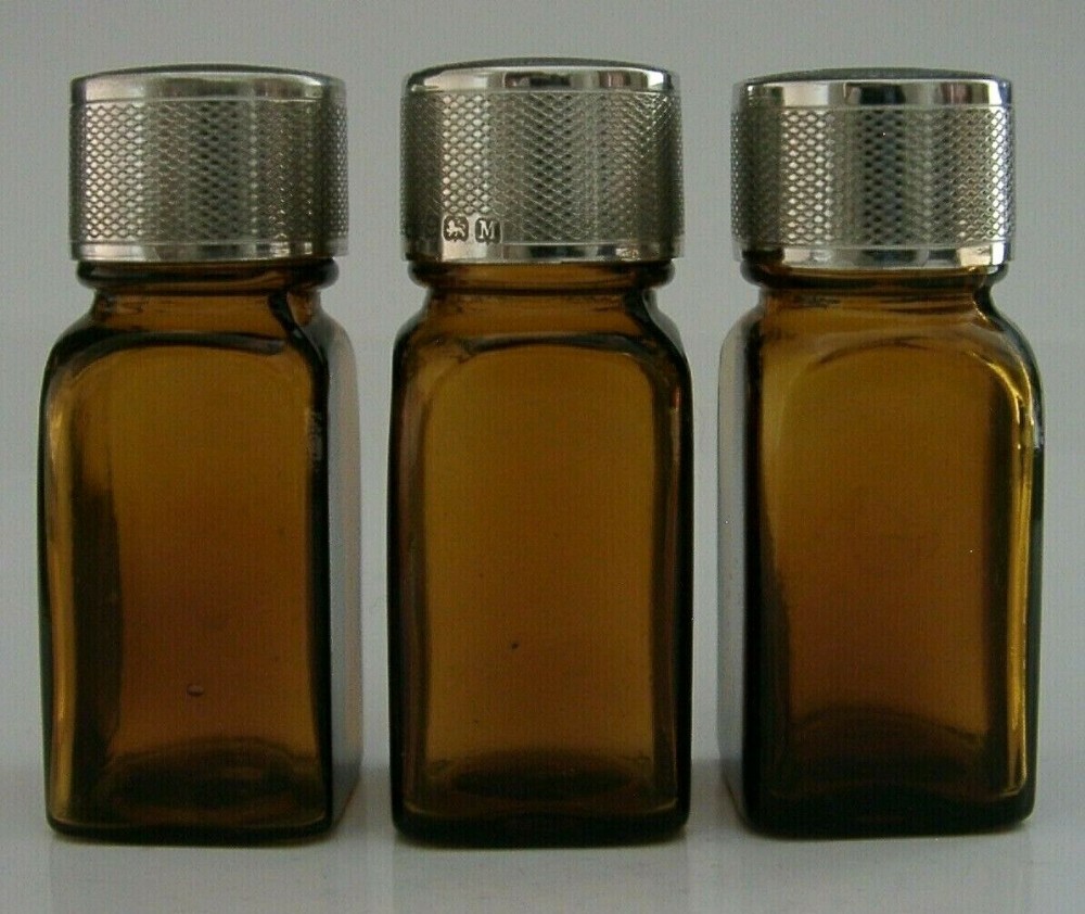 UNUSUAL SET of 3 STERLING SILVER TOPPED PILL or MEDICINE BOTTLES ANTIQUE 1936