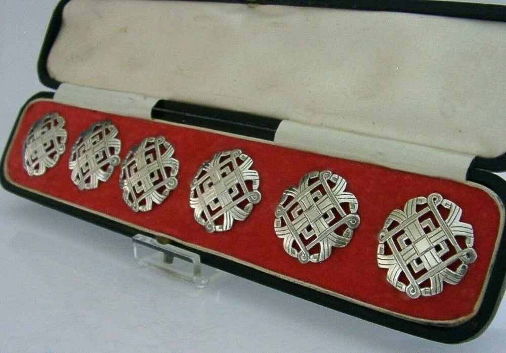 STUNNING SIX SOLID STERLING SILVER ARTS AND CRAFTS BUTTONS CASED 1902 ANTIQUE