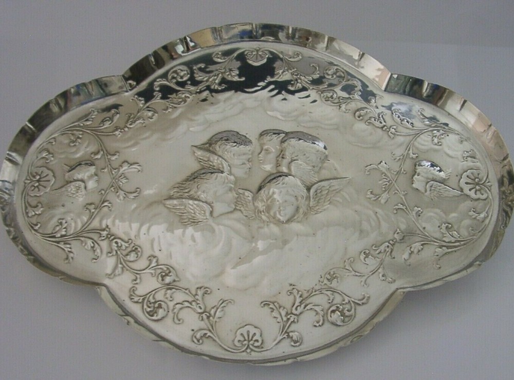 LARGE 12 inch CHERUB ANGELS SOLID STERLING SILVER DRESSING TABLE TRAY 1906 285g